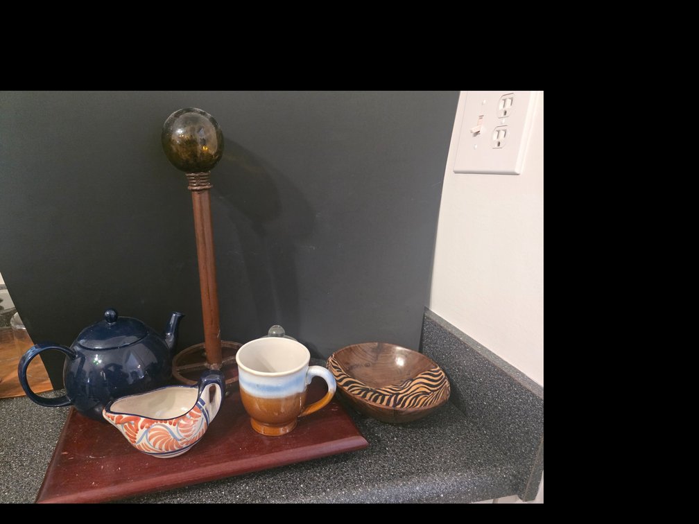 Kitchen Lot, Metal Paper towel  Holder, Blue Tea Pot, Wood Lazy Suzanne,  etc