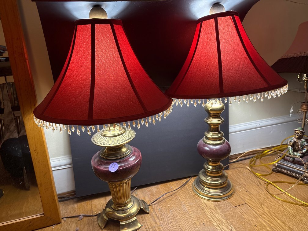Ornate Accent Lamps with Red Pleated and Beaded Shades (x2)