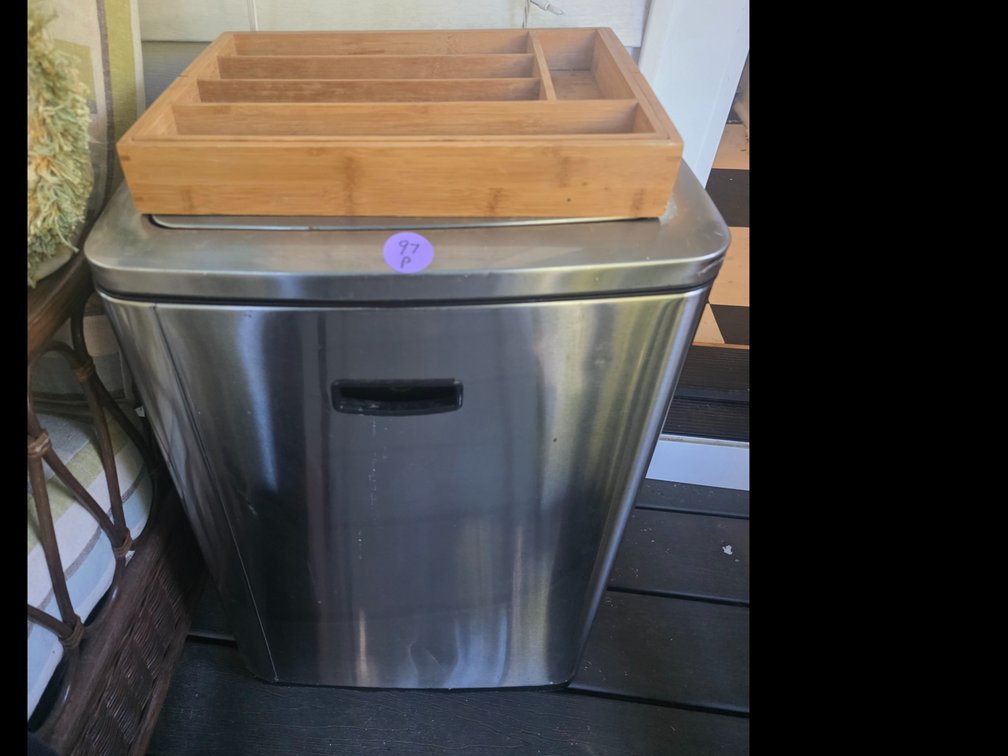 Metal  Battery  powered Kitchen Trash Can,  Wood Adjustable  Silver ware Organizer