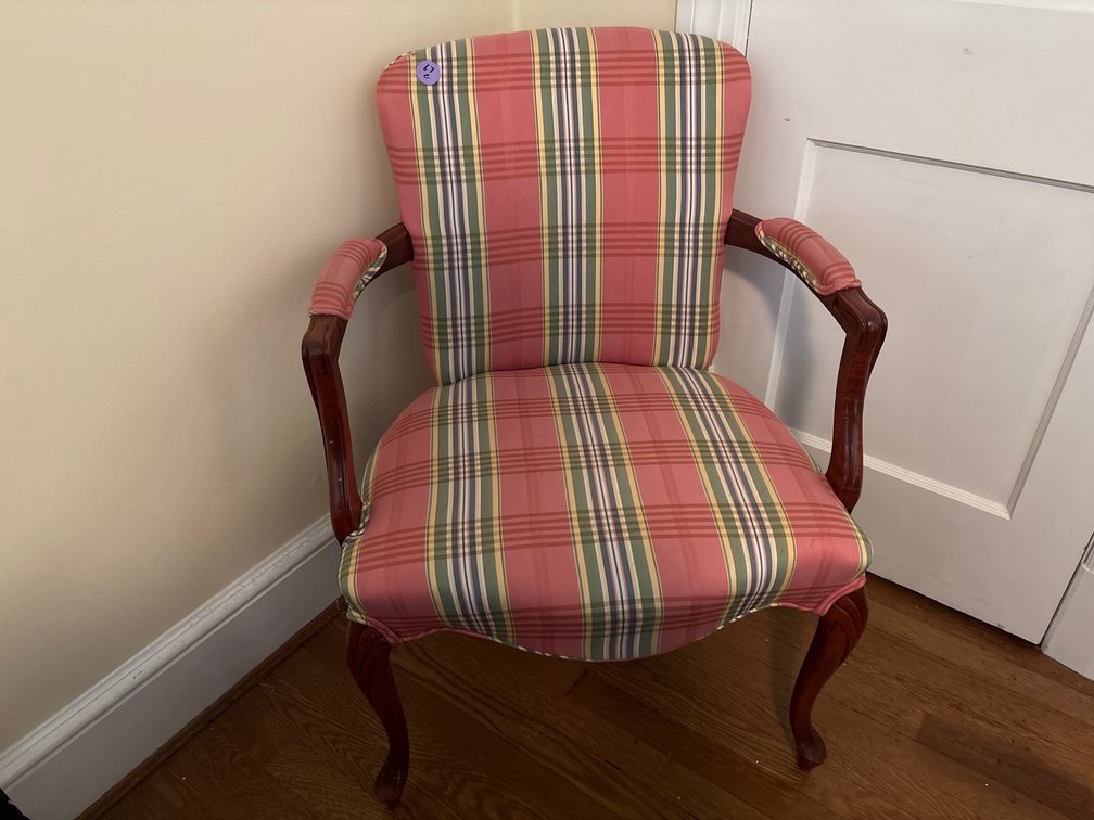 French Provincial Style Open Arm Chair in Tartan Plaid Fabric