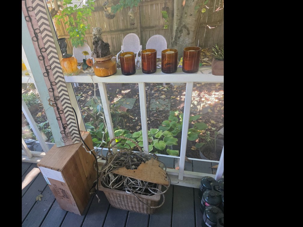 Contents on 3 Shelfs on Back Porch, Bottles, Candles,  Advertising  Box, etc