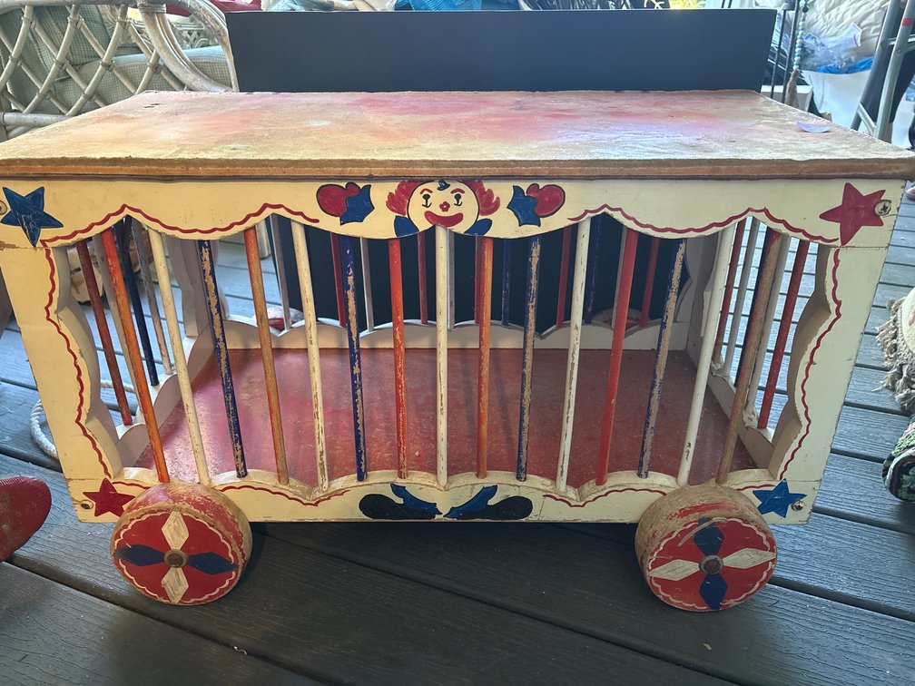 Hand-Painted Wooden Circus Cage Wagon Pull Toy with Clown & Star Motifs