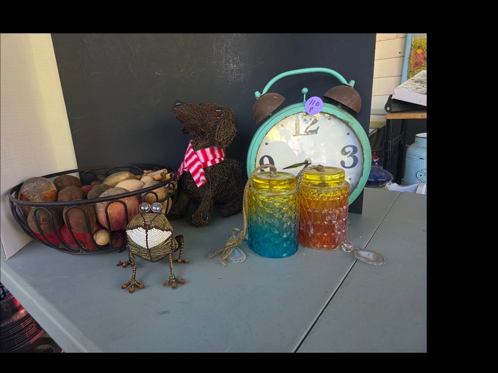 Battery Teal Clock, Metal bowl,  charming woven rattan dachshund figurine, Etc