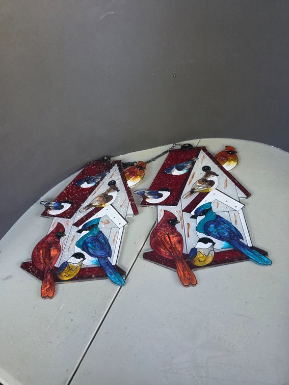 Hand-painted  Stained Glass Window Hanging suncatcher featuring a colorful birdhouse and detailed wild birds.