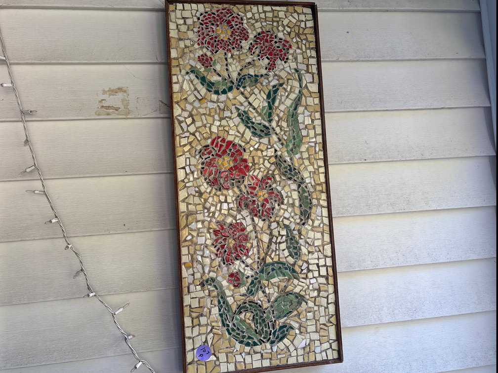 Handcrafted Stone & Tile Floral Mosaic Wall Art Panel in Wood Frame