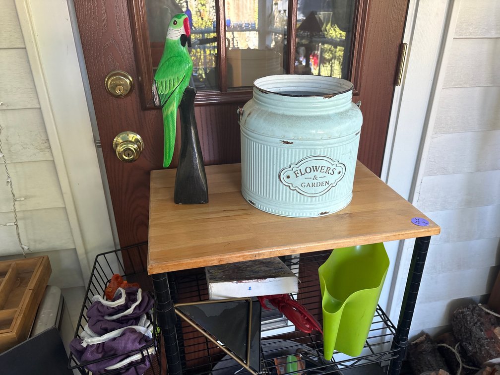 Metal Utility Cart with Wood Top, Farmhouse Flower Bucket & Garden Decor Set