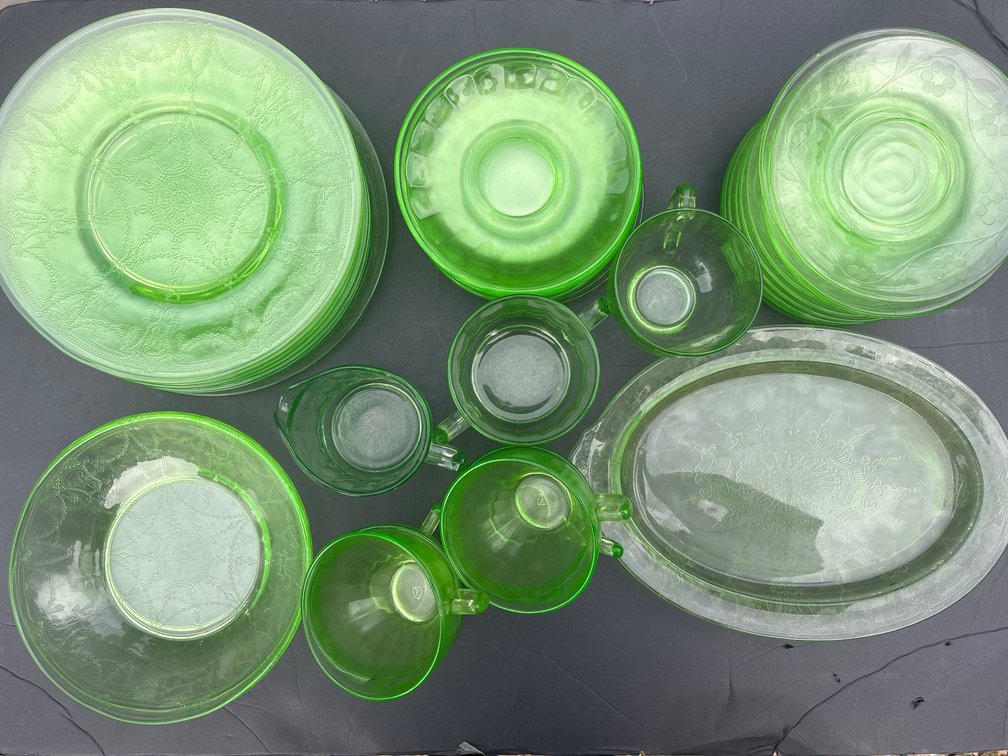Green Glass Dinnerware Lot – Glass Collection with Cups, Saucers, Plates & Serving Pieces