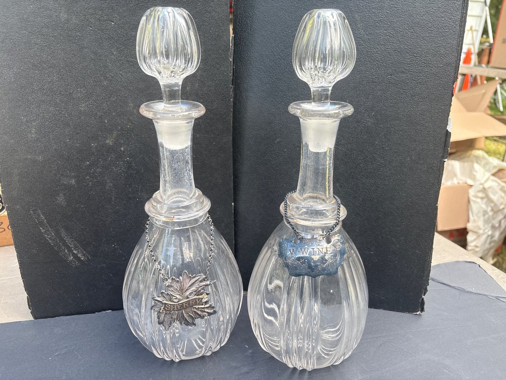 Glass Decanter Pair with Pewter Tags (x2)