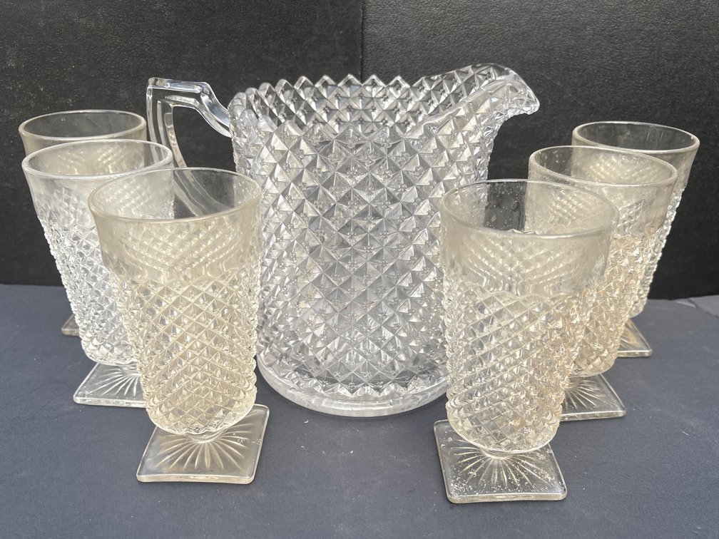 Pressed Glass Diamond Point/Sawtooth Edge Water Pitcher & Footed Tumbler Set
