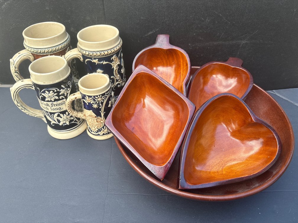 German Stein Collection and Playing Card Suit Wooden Snack Bowl Set