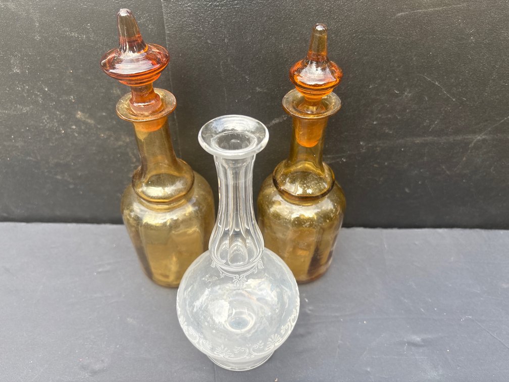 2 Amber Decanters with Stoppers & 1 Etched Decanter