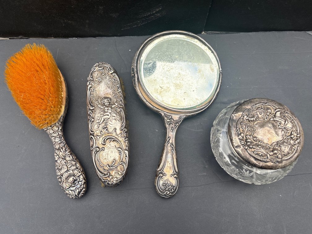 Silver-Plated Vanity Set – Hand Mirror, Hair Brushes & Crystal Powder Jar