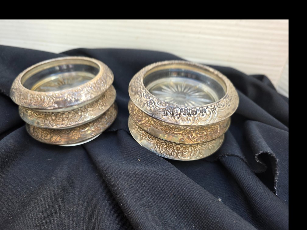 Vintage sterling silver and glass coasters,  Frank M. Whiting Company, featuring a floral repoussé