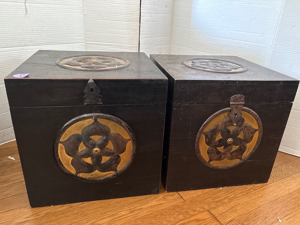 Asian Export Wooden Accent Boxes / Chests with Ornate Floral Emblems (x2)