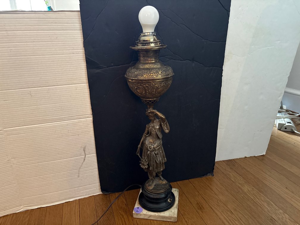 Brass Figural Woman Statue Electric Table Lamp with Marble Base