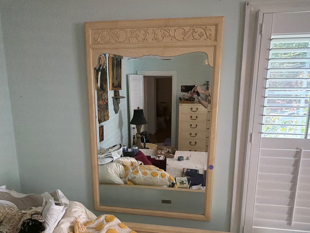 Large Light Wood Framed Accent Mirror with Scalloped Glass Design