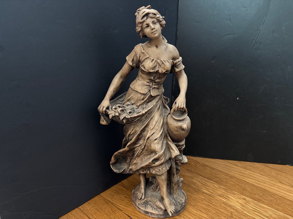 Classical Figural Statue of Young Woman with Flowers and Water Pitcher