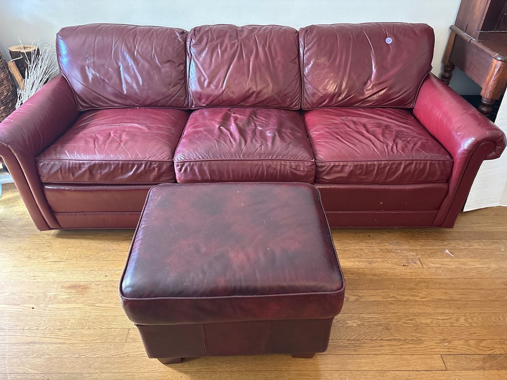 Drexel Heritage Burgundy Faux Leather / Vinyl Sofa and Ottoman