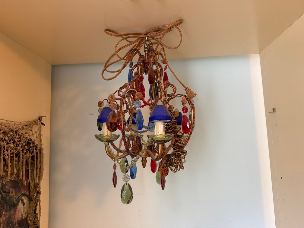 Boho Beaded Plug-In Chandelier with Colored Crystal Prisms & Blue Shades