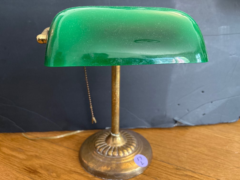 Green Glass Shade Banker's Desk Lamp / Brass-Tone Accent Light