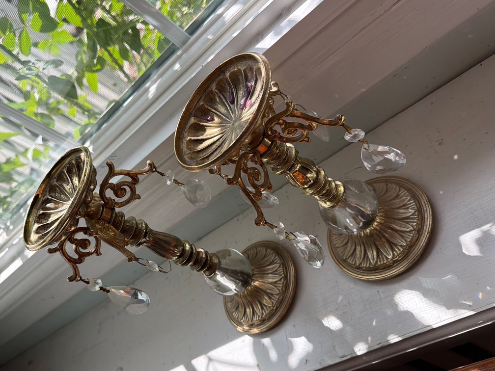 Pair of Vintage Brass & Clear Glass Candlestick Holders with Hanging Crystal Prisms