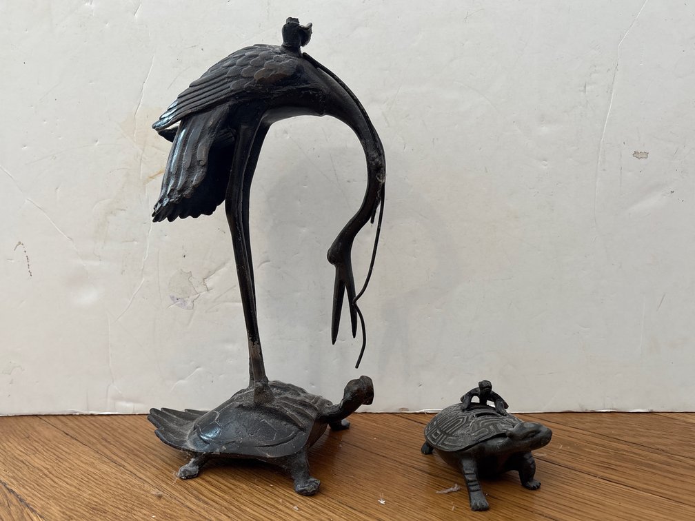 Heavy Metal  Crane Standing on Turtle Figurine with Smaller Turtle Accessory