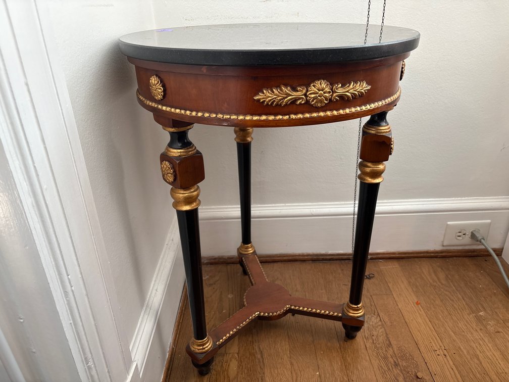 Neoclassical Style Round Accent Table – Black Marble with Gold Gilt Trim