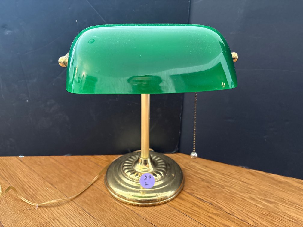 Green Glass Shade Banker's Desk Lamp / Brass-Tone Accent Light