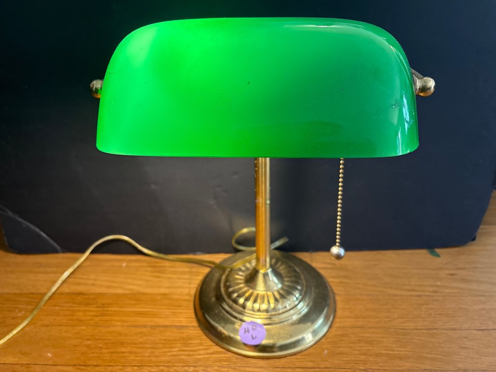 Green Glass Shade Banker's Desk Lamp / Brass-Tone Accent Light