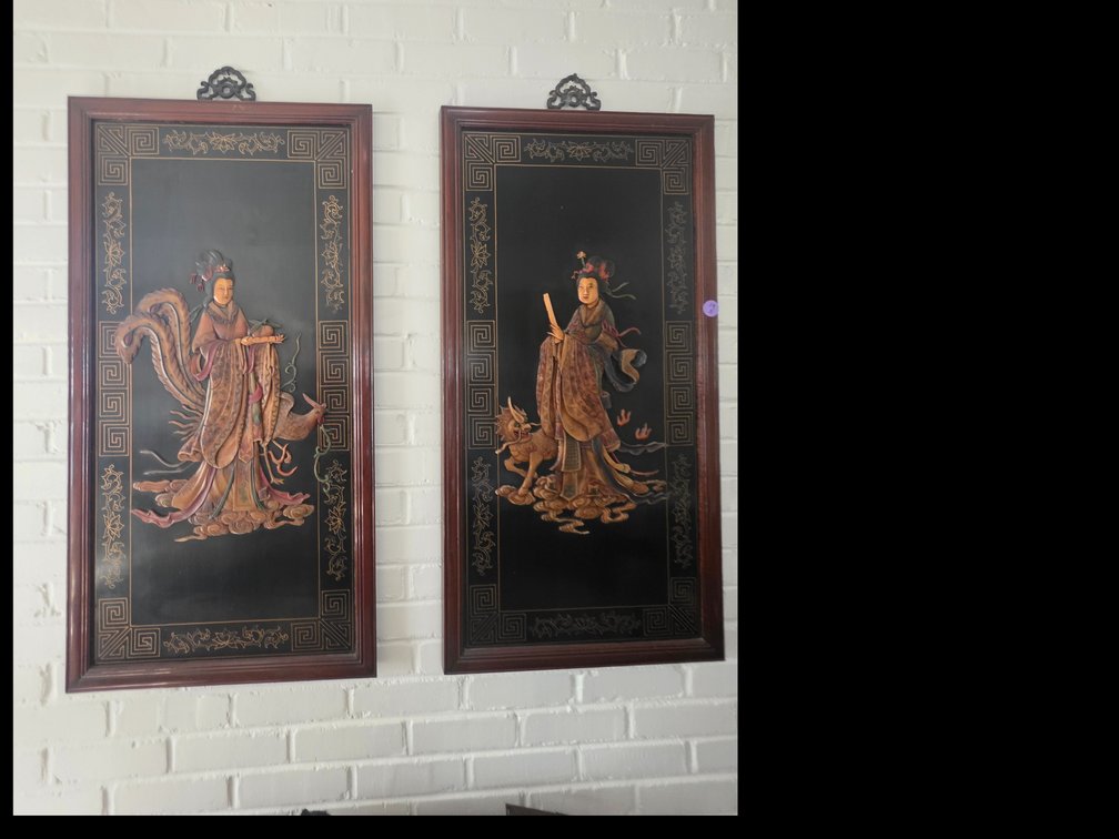 vintage Asian-inspired wall hanging plaques featuring 3D bas-relief figures in dark wooden frames with geometric border patterns