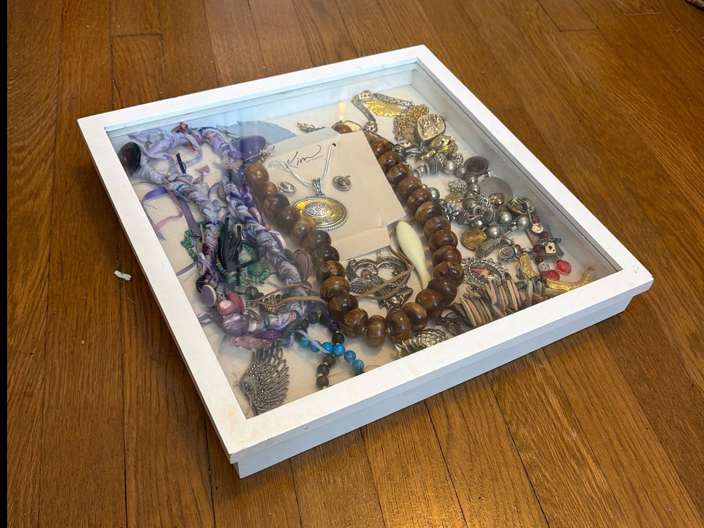 Vintage Costume Jewelry with White Glass Top Display Shadowbox Case