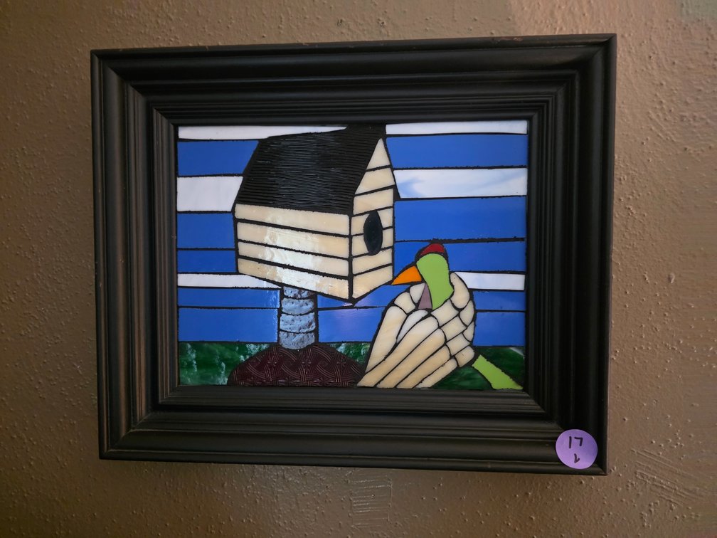Framed stained glass  Bird house/ Bird Wall Art