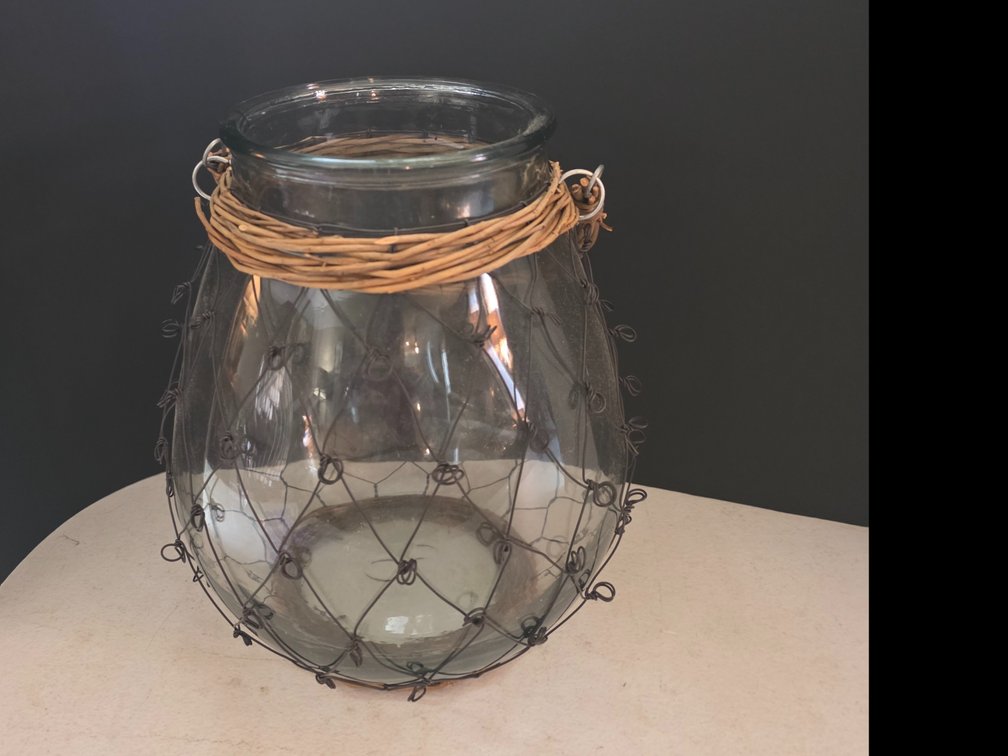 Clear Glass Wrapped in  Wire ,with a handle