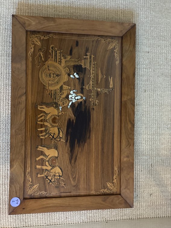 Wall art panel,  detailed wood and bone or ivory-like marquetry inlayw