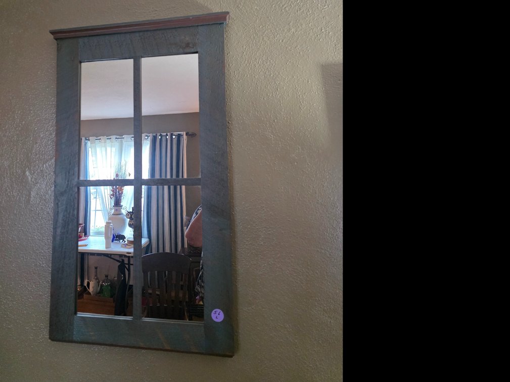 Rustic, 6-pane window-style wall mirror with a weathered Green wooden frame.      Ask a follow-up