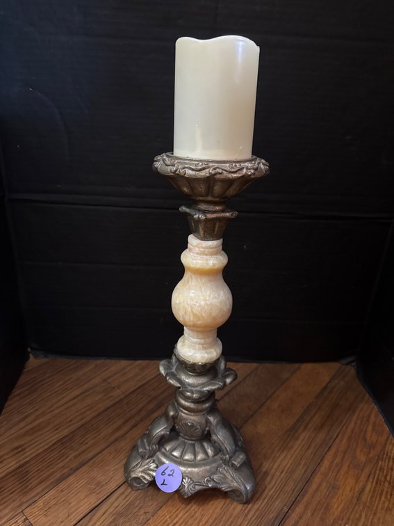 Vintage ornate metal and alabaster pillar candle holder,