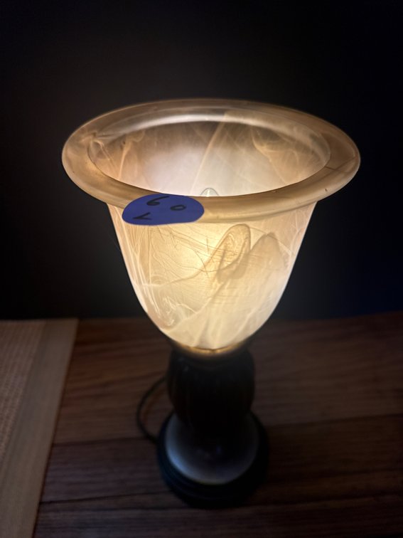 Decor Therapy Wood Tone Uplight Table Lamp with Glass Shade (Model TL7696), featuring a champagne-colored alabaster glass shade and a wood-tone resin base  6”x12”