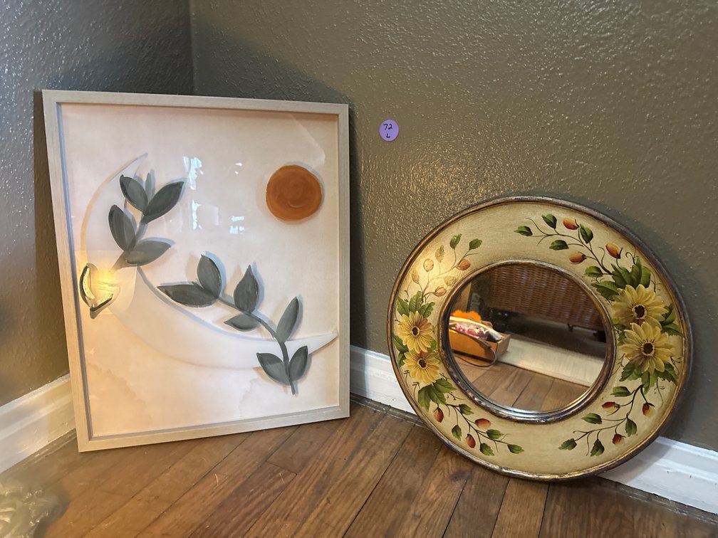 Wall Art Lot 2 Pieces peeking Moon Framed Wall Art and hand painted round mirror
