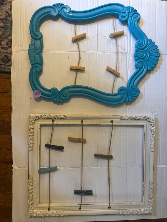 Picture Frames with photo or memo board with twine strings and miniature wooden clothespins