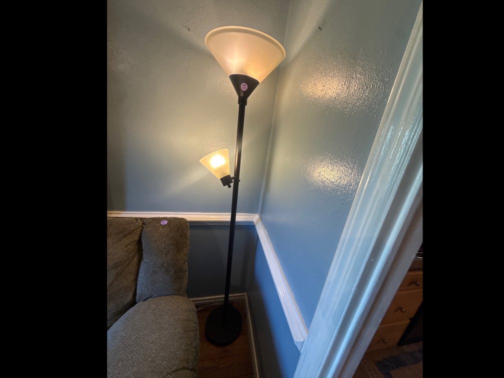 Black mother-daughter torchiere floor lamp with a main uplight shade