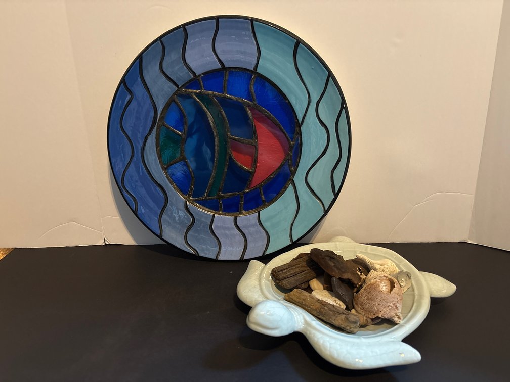 Coastal Mosaic/Stained-Glass Style Decorative Plate and Turtle Dish