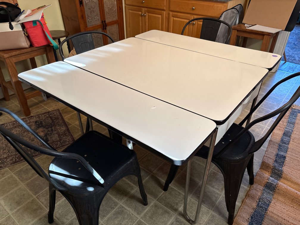 White Enamel Top Table & Black Metal Industrial Chairs Set