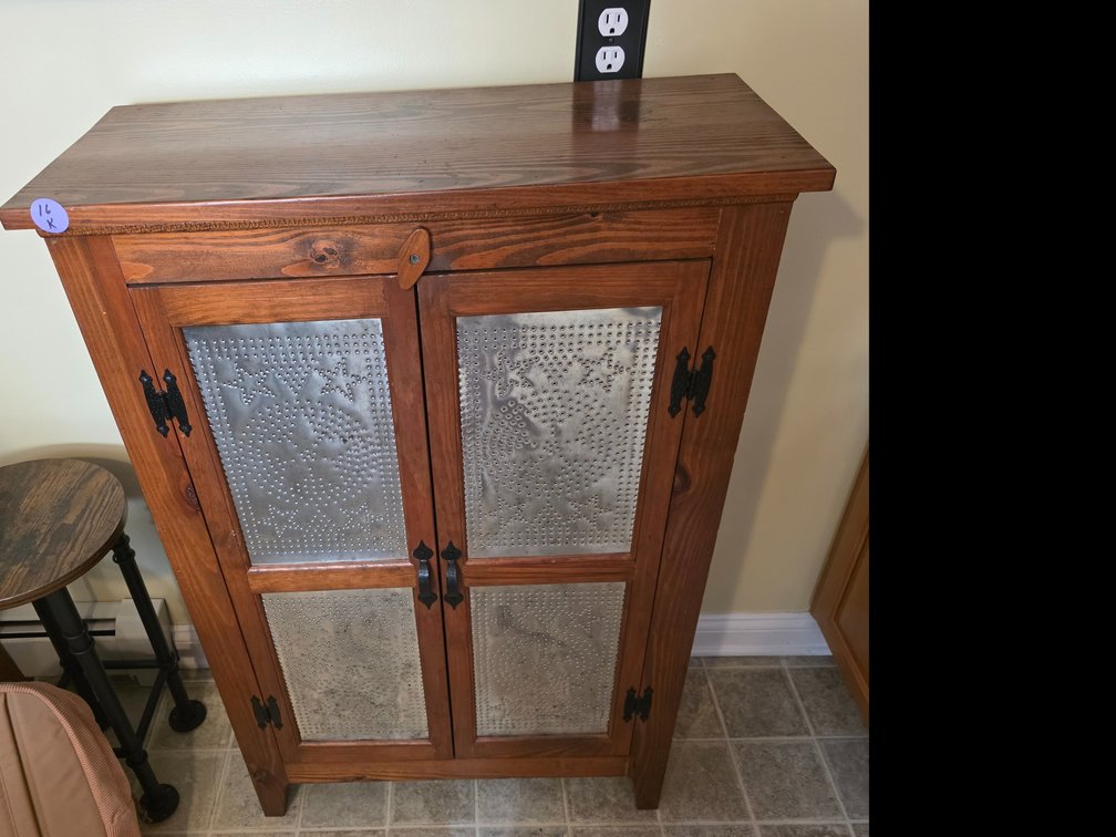 Pine pie safe cupboard with punched tin door panels