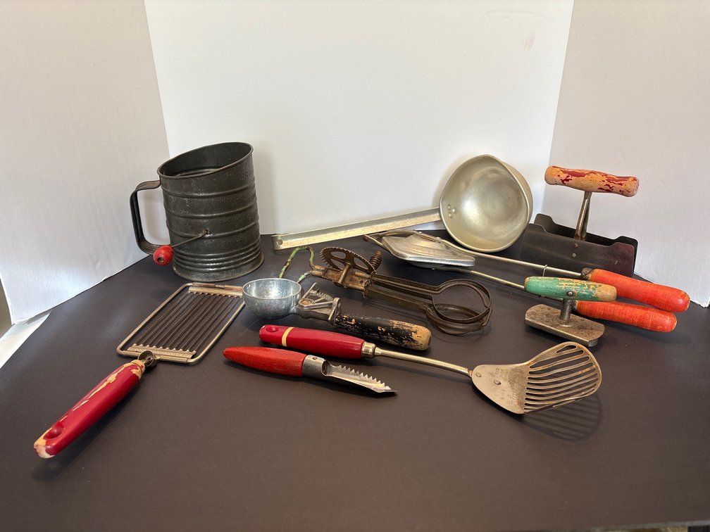 Vintage Kitchen Utensils Lot Red Wood Handles Flour Sifter Egg Beater Spatula