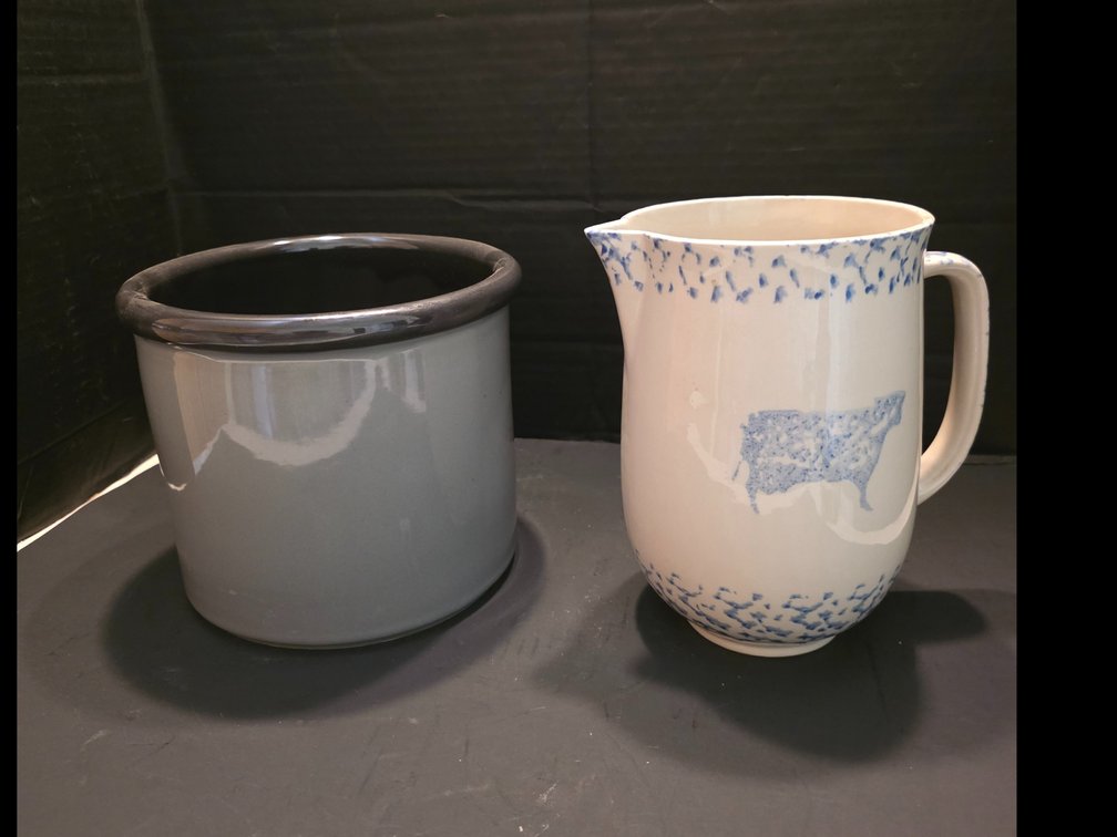 Gray crock or planter with a dark metallic-looking / glazed black rim:Vintage Folk Craft  Milk Pitcher  Blue Sponge Pottery Cow Pitcher