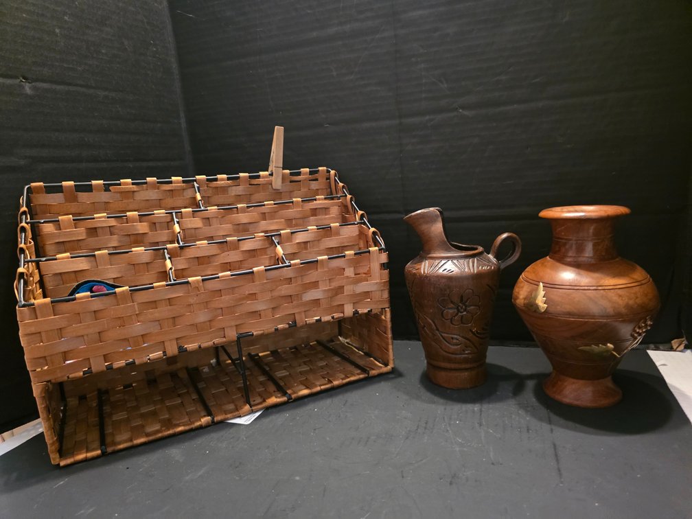 Multi-tier wall-mountable or countertop organizer,Hand made Pitcher,  Hand Turned Wooden Vase  Urn with  Brass Flowers 7”