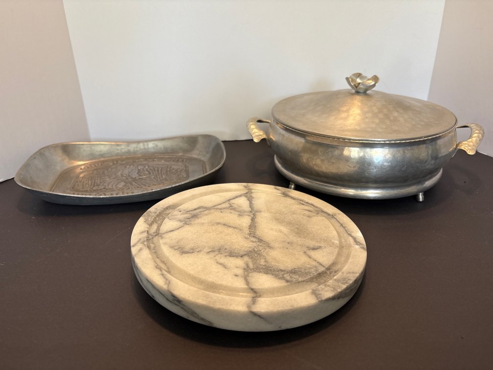 Leonard Duratale Pewter Bread Tray, Hammered Casserole, Marble Trivet
