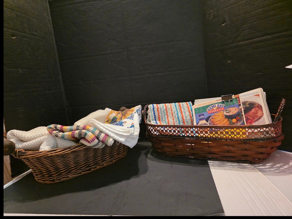 Woven Basket, With Kitchen Towels,