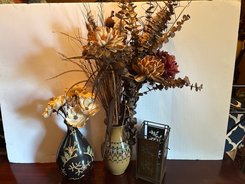 Two Vases with Faux Flowers/Shell Flowers & Metal Lantern