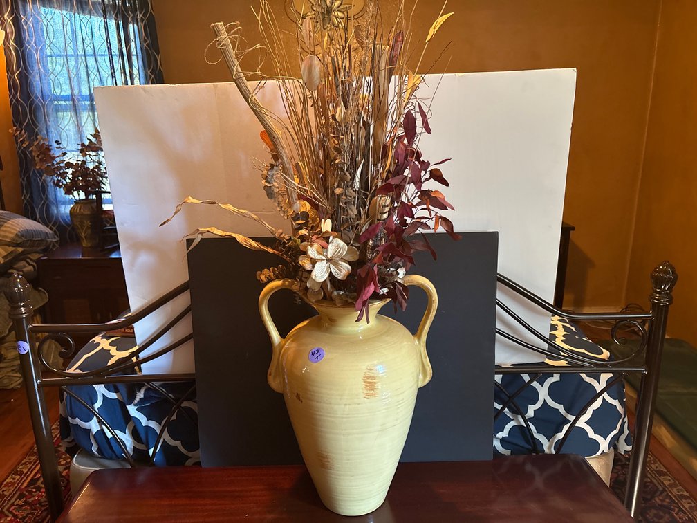 Large Ceramic Urn Vase with Double Handles & Faux Botanical Arrangement
